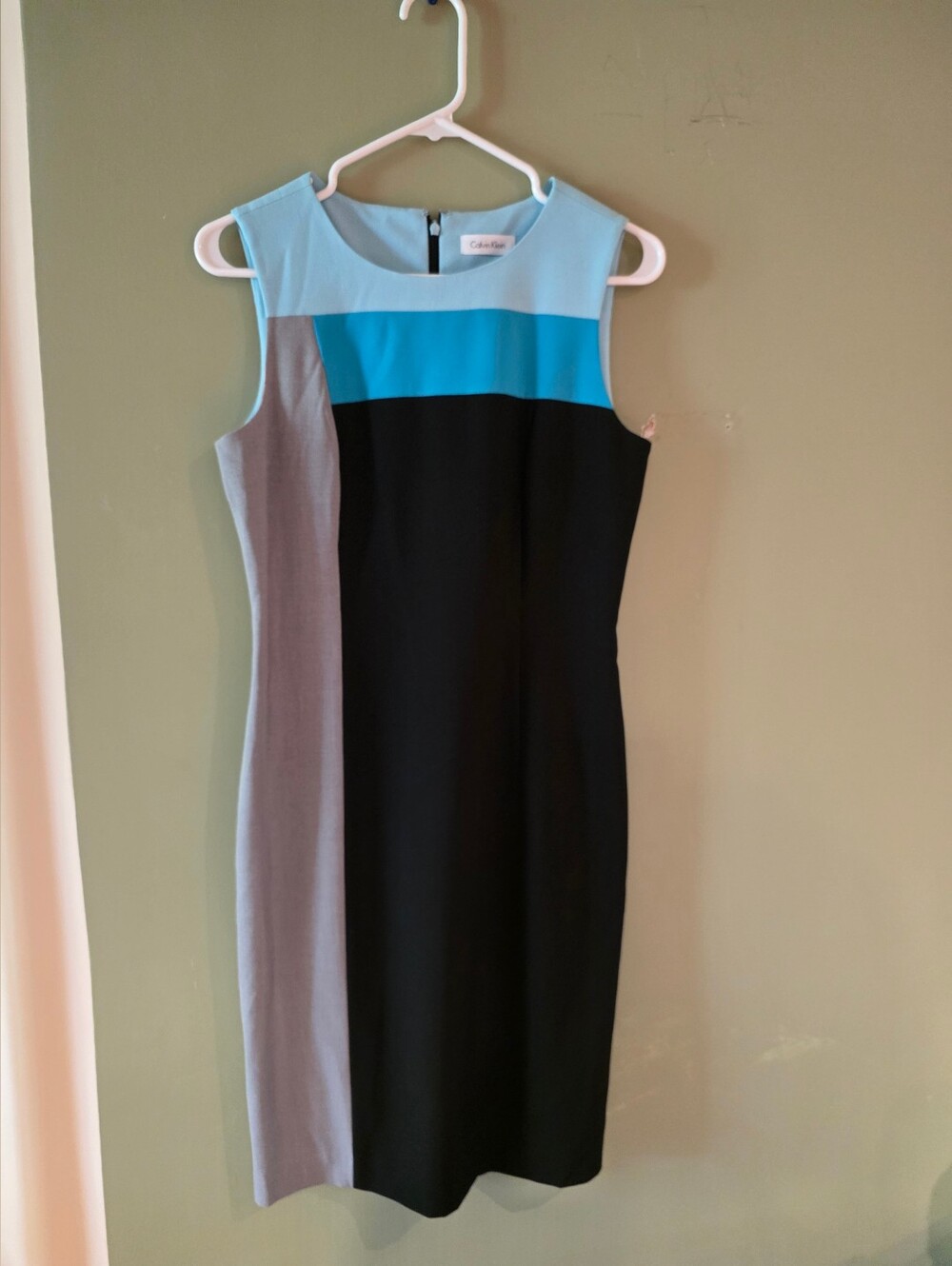 Calvin Klein Black Sheath Pencil Dress with Aqua & Gray Panels